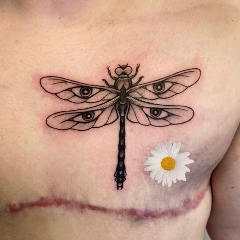 Really happy with how this dragonfly came out!! Im sure you can tell, but I love incorporating motifs into my bug designs. Stars, hearts, and eyes! 🧡👀 • #tattoo#tattoos#tattooart#tattooartist#tattooer#tattoodesign#pnwtattoo#pnwtattooartist#seattletattoo#seattletattooartist#bugtattoo Traditional Style Dragonfly Tattoo, Dragonfly Tattoo Chest, Dragonfly With Eyes Tattoo, Lovebug Tattoo, Manly Dragonfly Tattoo, Dragonfly Landing Tattoo, Bugs Tattoo, Trippy Dragonfly Tattoo, New Tattoo Styles