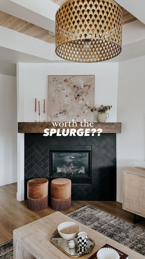 Matte black herringbone fireplace of my DREAMS! Want to recreate the look? Here are the tile deets from @emsertile 👇🏼👇🏼👇🏼 Our exact tile… | Instagram Grey Herringbone Fireplace, Black Herringbone Fireplace Surround, Herringbone Hearth Fireplace, Black Herringbone Tile Fireplace, Black Herringbone Fireplace, Herringbone Fireplace Surround, Herringbone Tile Fireplace, Herringbone Fireplace, Black Herringbone Tile