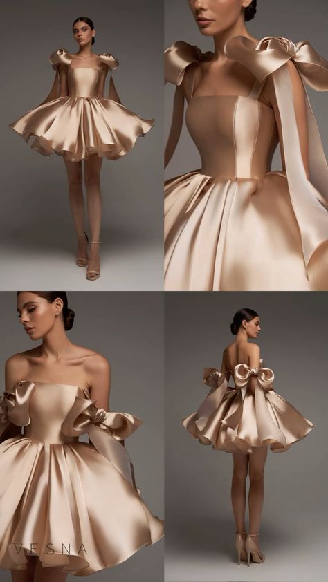 Fancy Club Dress, Bridal Satin Dress Style, Vesna Dress, Birthday Mini Dress, Vesna Wedding, Mini Princess Dress, Birthday Dress Inspo, Satin Bow Dress, Mini Dress Prom