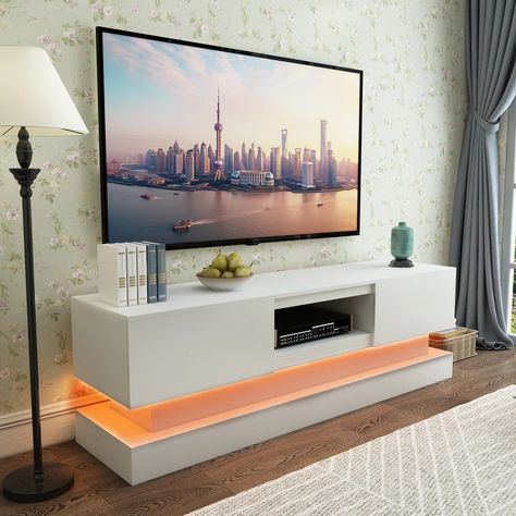 DANLONG Modern TV Stand for 50 55 inch TV with 16 Color LED Lights | Wayfair 55 Inch Tv Living Room, 55 Inch Tv, Led Lights White, Color Led Lights, Tv Stands And Entertainment Centers, Modern Tv Stand, Entertainment Centers, Modern Tv, Laurel Foundry Modern Farmhouse