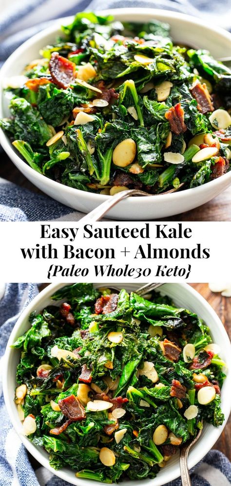 Low Macro Kale With Bacon, Easy Veggie Side Dish, Sautéed Kale, Paleo Side Dishes, Sweet Potato Kale, Paleo Sides, Sauteed Kale, Whole30 Keto, Kale Recipes