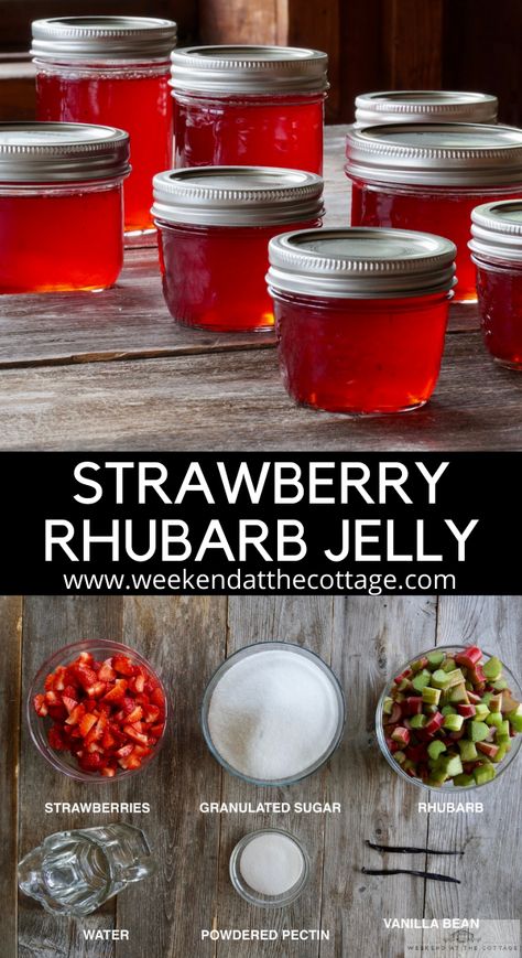 jars of beautiful ruby red strawberry rhubarb jelly ingredients: chopped strawberries, rhubarb, sugar, pectin, vanilla Strawberry Rhubarb Jelly, Canning Rhubarb, Pbj Sandwich, Rhubarb Jelly, Dessert Thermomix, Sweet Sauces, Jam Recipes Homemade, Canning Jam, Homemade Jelly