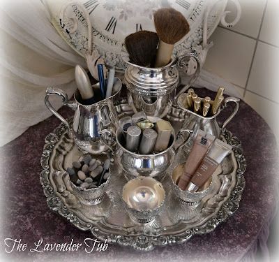 Makeup Vanity Bathroom, Silver Tray Decor, Silver Tea Set, Vanity Bathroom, Silver Decor, Silver Trays, Trendy Makeup, Silver Tea, Vintage Silverware