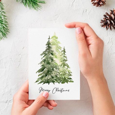 Watercolour Pencil Christmas Cards, Simple Christmas Images, Christmas Themed Watercolor Paintings, Water Colour Christmas Tree, Artsy Christmas Cards, Watercolours Christmas Cards, Painted Holiday Cards, Hand Stamped Christmas Cards, Holiday Card Watercolor