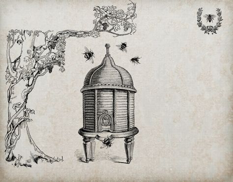 Vintage Bee Hive, Honey Business, Beehive Art, Bee Artwork, Medieval Drawings, Bee Clipart, Dream Farm, Bee Illustration, Free Vintage Printables