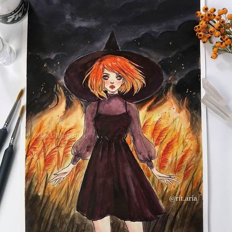 Witch Broom Art, Aria Illustration, Redhead Witch, Princess Mononoke Art, Fire Witch, Purple Art Print, Honey Art, Goldfish Art, Firefly Art