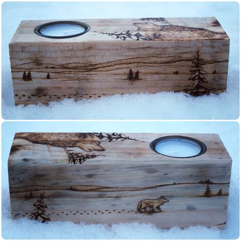 #pyrography #art by Nikki Wynne. Find Cosmos Crafts on facebook! #wolf #winter #snow #wood #burning #candle #holder #craft #natural Howl Wolf, Wolf Winter, Wood Burn Designs, Scrap Wood Crafts, Woodburning Projects, Wood Pallet Wall, Creation Art, Pyrography Art, Wood Burning Crafts