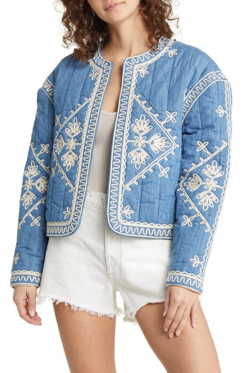 Treasure & Bond Soutache Embroidered Quilted Cotton Jacket available at #Nordstrom Cotton Twill Jacket, Denim Quilt, Quilt Jacket, Twill Jacket, Embroidered Jacket, Jacket Pattern, Fall Jackets, Cotton Jacket, Embroidered Design