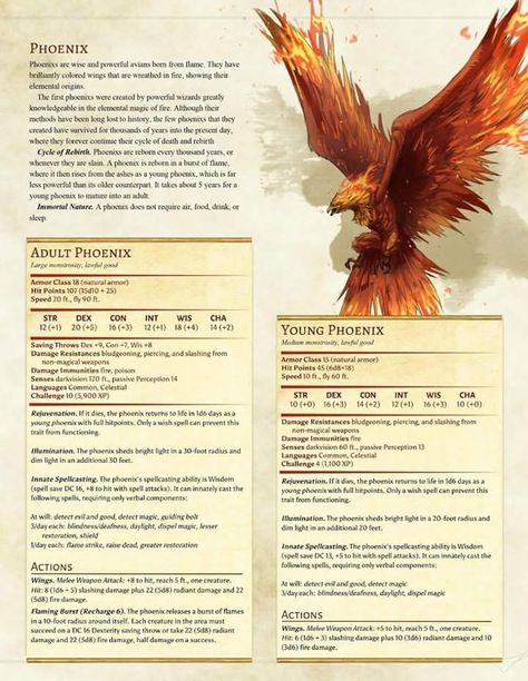 Phoenix Stat block Homebrew Familiar 5e, Dnd Phoenix Familiar, Dnd Homebrew Creatures 5e, Yokai Dnd 5e, Homebrew Dnd Monsters, Dnd Familiar Ideas, Familiars Dnd, Dnd Creatures Homebrew, Phoenix Dnd