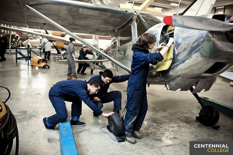 A day in the life of an...  Aviation Technician – Aircraft Maintenance #CentennialCollege student fixing planes in our on-site hangar & finishing metal in the metal finishing lab.  #aircraft #airplanes #hanger #flight #engines #avionics #transportation #lab  Learn more about the Centennial Aviation Technician – Aircraft Maintenance at: http://bit.ly/1vofv47 Avionics Technician Aviation, Aviation Maintenance Technician, Aircraft Technician, Mechanics Aesthetic, Airplane Mechanic, Centennial College, Aviation Mechanic, Aviation Engineering, Cheap International Flights