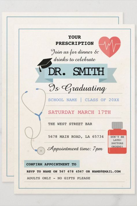 standard size : 5" x 7", modern, funny doctor prescription Doctor Graduation Invitation, Nurse Graduation Party Invitations, Med School Acceptance Party, Med School Acceptance, Dr Graduation, Doctor Graduation Party, Graduation Party Flyer, Nurse Vibes, Doctor Prescription