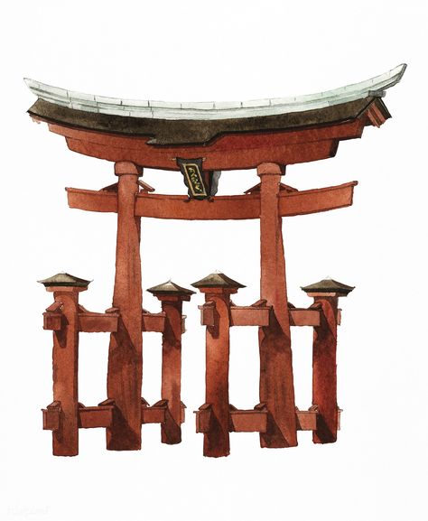 Japanese Torii gate painted by watercolor | premium image by rawpixel.com Japanese Temple Art, Japanese Architecture Drawings, Japanese Torii Gate, Asian Temple, Japanese Torii, Bridge Drawing, Japan Temple, Architecture Icons, Japan Architecture