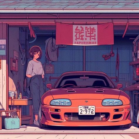 Anime Car Aesthetic, Japanese Retro Art, Anime Jdm, Kereta Sport, Anime Cars, Car Animation, Automotive Illustration, Anime Retro, Orange Car