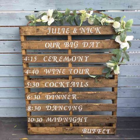 Pallet Wedding Timeline, Wedding Timeline Pallet Sign, Wedding Schedule Pallet, Pallet Timeline Wedding, Pallet Wedding Schedule, Wedding Pallet Signs, Wedding Sign Pallet, Pallet Wedding Sign, Wedding Rehearsal Decorations