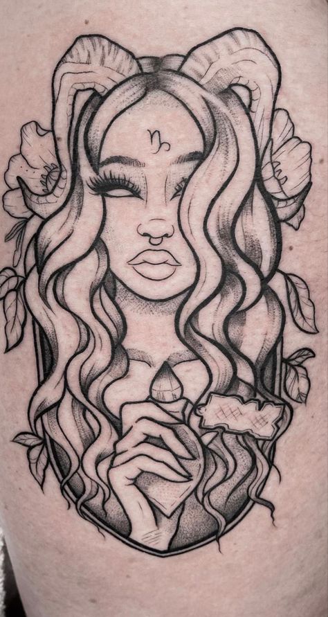 Aries Zodiac Tattoos, Mystical Tattoos, Capricorn Tattoo, Aries Tattoo, Clever Tattoos, One Piece Tattoos, Goddess Tattoo, Tattoos For Black Skin, Sketch Tattoo Design