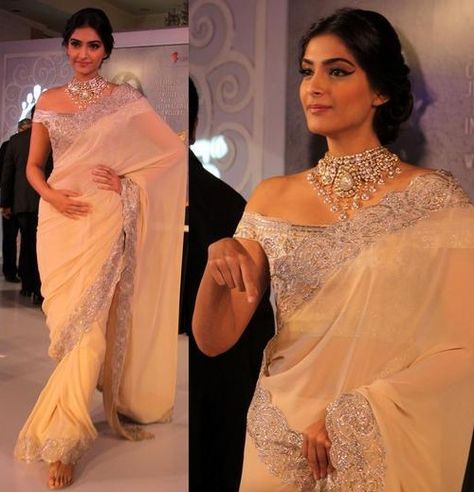 Sonam Kapoor in Suneet Verma saree wearing off shoulder blouse Off Shoulder Saree Blouse, Indian Reception, Saree Jackets, Latest Silk Sarees, Blouse Designs High Neck, Simple Saree Designs, Saree Blouse Designs Latest, Trendy Sarees, Sonam Kapoor