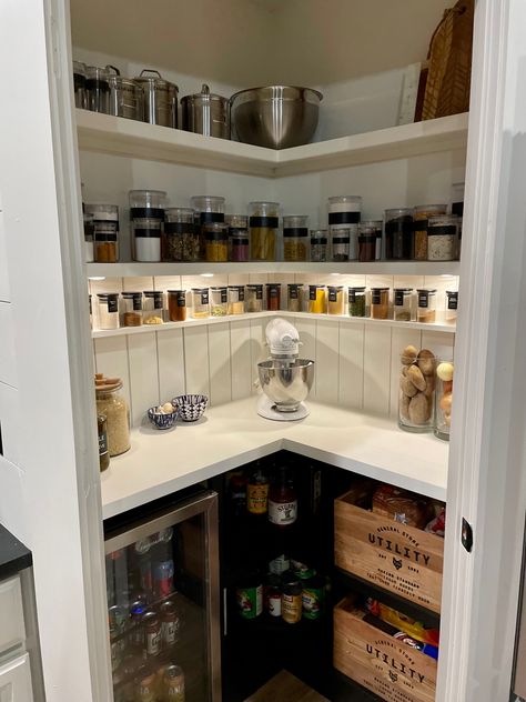 Tiny Kitchen Pantry Ideas, Small Pantry Ideas Layout Open Shelving, Slanted Pantry, Triangle Pantry, 3 Wall Kitchen Layout, 4x4 Pantry Layout, Wall Pantry Organization, Wall Pantry Design, Pantry Wall Ideas