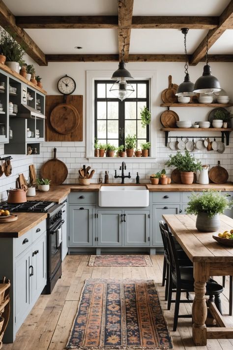 Country Style Kitchen Decor, Rustic Farm Style Kitchen, House Style Inspiration, Style Inspiration Home, Farmhouse Chic House, Cool Farmhouse Ideas, Home Renovation Ideas Kitchen, Farmhouse Style House Kitchen, Cozy Modern Kitchen Ideas