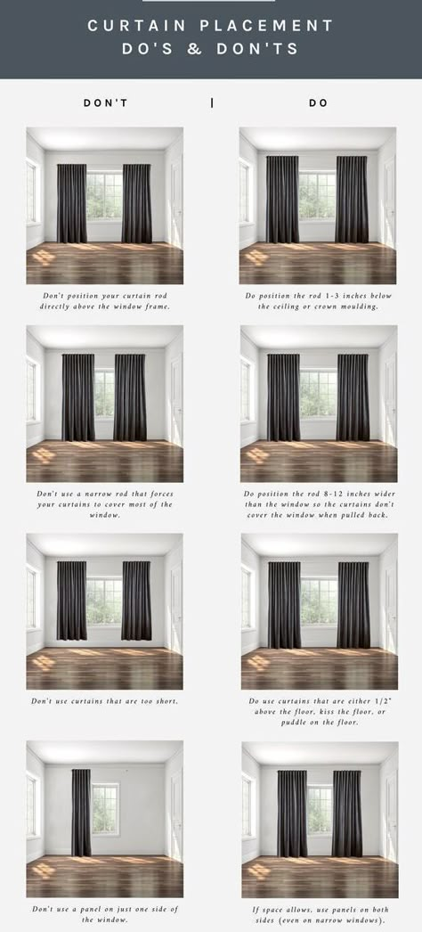 Curtain Placement, Long Curtains Living Room, Room Curtains Ideas, Living Room Curtains Ideas, How To Hang Curtains, Floor To Ceiling Curtains, Hang Curtains, Ceiling Curtains, Dining Room Windows