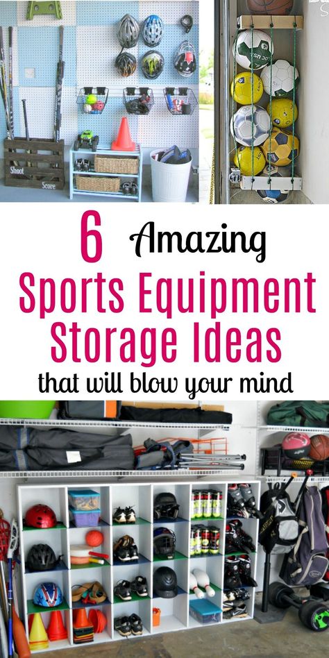 6 Amazing Sports Equipment Storage Ideas That Will Blow Your Mind Equipment Storage Ideas, Storage Garage Organization, Sports Equipment Organization, Sports Equipment Storage, Scooter Storage, Sports Storage, Storage Garage, Garage Organize, Basement Storage