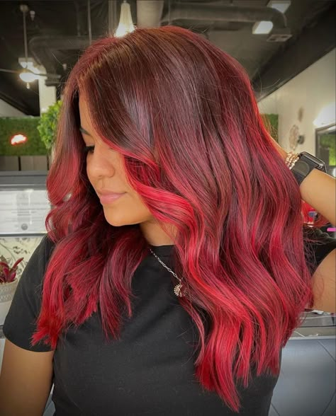 Bottom Half Dyed Hair Blue, Fun Hair Color Ideas For Brunettes Red, Red Hair Tips On Brown Hair, Hair Colour Ideas For Brunettes Red, Flame Red Hair, Half Dyed Hair, Deep Red Hair, Vibrant Red Hair, Dyed Hair Blue