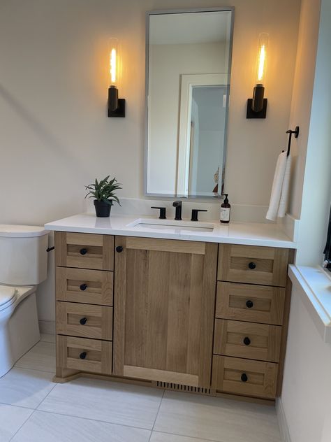 Bathroom With Wooden Vanity, Lake Bathroom, Bathroom Color Schemes, Wooden Vanity, Bathroom Color, Wood Bathroom, Bathroom Renovations, Bathroom Interior Design, Powder Room