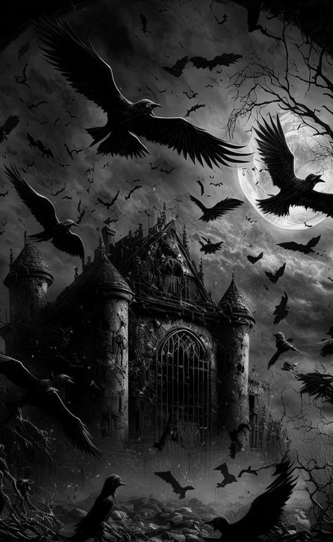 Black Crow Wallpaper, Dark Fantasy Places, Haunted House Pictures, Aesthetics Pictures, Witch Wallpaper, Grim Reaper Art, Witchy Art, Cast A Spell, Gothic Fantasy Art