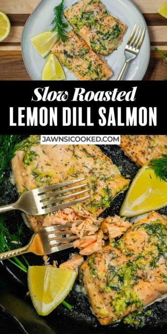 This fast and easy Slow Roasted Lemon Dill Salmon comes together in just 25 minutes, with fresh lemon, dill, butter, and garlic. Slow roasting is deceptively fast, and yields a moist, flavorful finished salmon! Lemon Dill Butter, Slow Roasted Salmon, Crockpot Salmon, Dill Butter, Lemon Dill Salmon, Lemon Butter Salmon, Dill Salmon, Lemon Salmon, Drink Inspiration