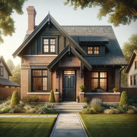 brick house with charcoal front door What Color To Paint Front Door With Brown Brick, Front Door Colors Brick House, Charcoal Front Door, Siding With Red Brick, Tan Brick House Exterior, Blue Brick House, Brick Craftsman House, Brick Bungalow Exterior, Orange Brick House Exterior