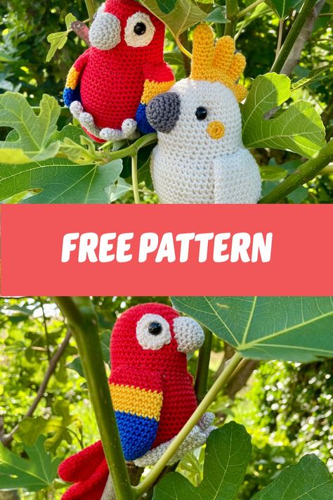 Crochet Macaw Free Pattern, Crochet Red Cardinal Free Pattern, Cockatoo Crochet Pattern Free, Parrot Amigurumi Free Pattern, Tropical Crochet Patterns, Parrot Crochet Pattern Free, Crochet Bird Free Pattern, Crochet Parrot Free Pattern, Amigurumi Bird Free Pattern