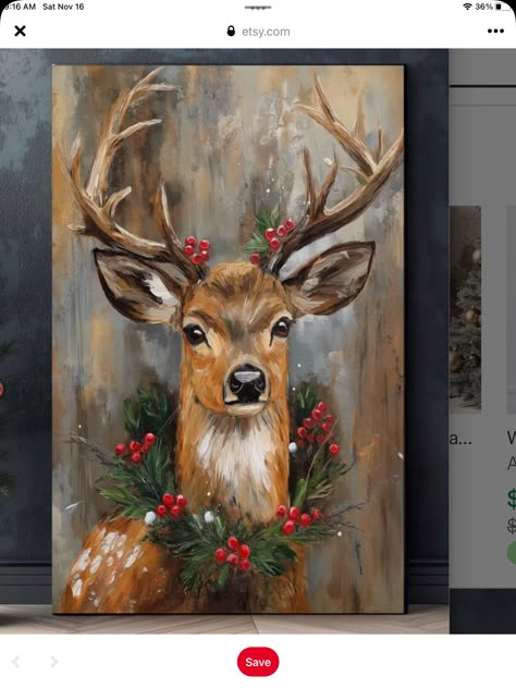 Christmas Horse Paintings Easy, Winter Pictures To Paint, Christmas Decor Ideas For Wall, Christmas Deer Painting, Deer Head Decor Living Room Farmhouse, Simple Christmas Paintings On Canvas, Holiday Paintings On Canvas, Christmas Wall Painting, Deer Canvas Painting