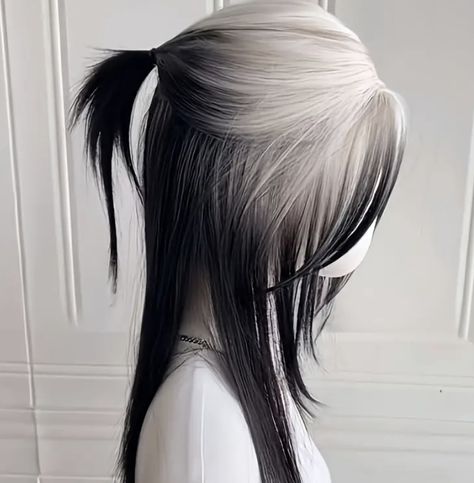 Black Hair White Tips, White To Black Hair, Ghost Roots, Black White Hair, Black Hair Wigs, White Tips, Hair White, White Tip, Straight Wig