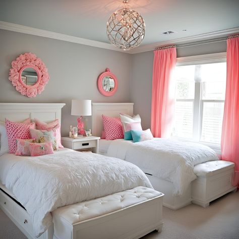 Sweet dreams for two! This twin bedroom is designed to create a calming and cozy sleep environment for siblings. The neutral color scheme with pops of yellow keeps things bright and cheerful, while the two comfy beds ensure a good night's sleep. Do you have any favorite twin bedroom design ideas? Share them in the comments! Classy Teen Bedroom, Pink And White Bedroom Decor, Twin Bedroom Design, Sister Room Ideas Shared Bedrooms, Pink And White Bedroom, Twin Girl Bedrooms, Girls Twin Bed, Functional Bedroom, Comfy Beds