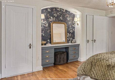 Love the built-in vanity desk Small Built In Vanity In Bedroom, Built In Vanity Bedroom, Diy Built In Vanity In Bedroom, Built In Makeup Vanity In Closet, Built In Vanity Ideas, Built In Vanity In Bedroom, Built In Makeup Vanity, Vanity In Bedroom, Bedroom Vanity Desk