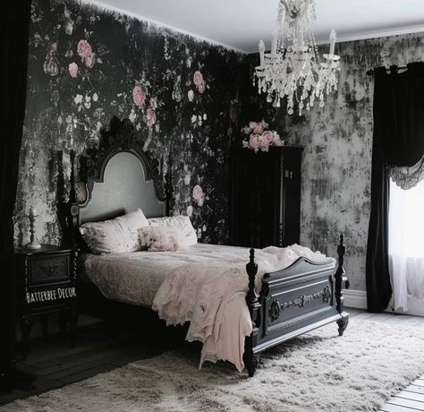 Pink And Black Victorian Bedroom, Goth Shabby Chic, Gothic Shabby Chic, Romantic Goth Bedroom Ideas, White Gothic Bedroom, Dark Shabby Chic, Goth Bedroom Aesthetic, Gothic Room Ideas, Gothic Bedrooms