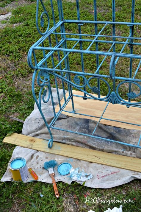 My turquoise metal bakers rack makeover took drab to fab! I've included my tutorial to paint the rich, aged patina that gives this piece it's character. Styling A Bakers Rack, Bakers Rack Ideas Repurposed, Bakers Rack Makeover, Metal Bakers Rack, Bakers Rack Decorating, Outdoor Bakers Rack, Bakers Rack Kitchen, Bakers Racks, Baker's Rack