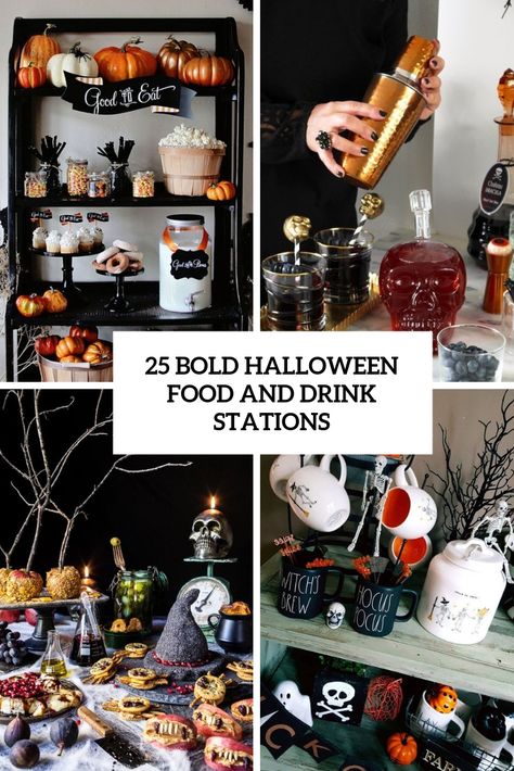 25 Bold Halloween Food And Drink Stations Halloween Drink Bar Ideas, Halloween Drink Table Ideas, Halloween Drink Station Ideas, Halloween Party Food Table Display, Halloween Drink Display, Halloween Food Display Ideas, Halloween Candy Station, Halloween Food Bar Ideas, Halloween Party Food Table Set Up