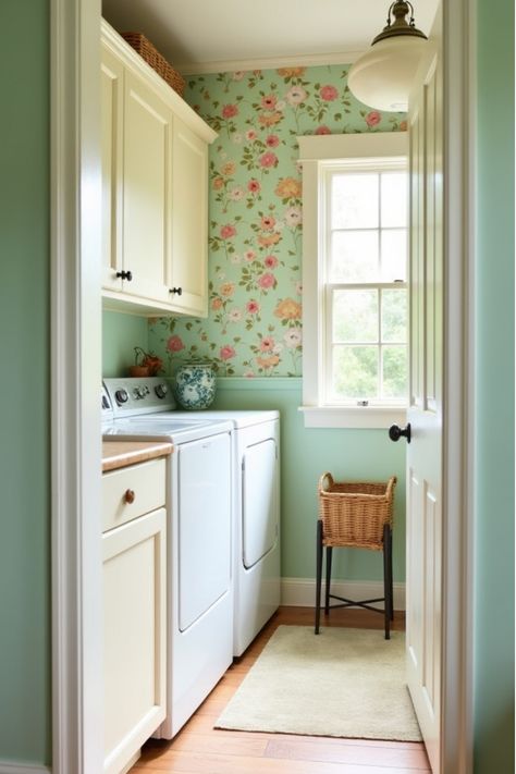 Vintage-inspired laundry room with mint walls, cream cabinets, and floral wallpaper 1950s Laundry Room, Mid Century Laundry Room, Classic Laundry Room, Mint Green Decor, Laundry Room Paint Color, Pink Laundry Rooms, Laundry Room Paint, Laundry Room Colors, Mint Green Walls