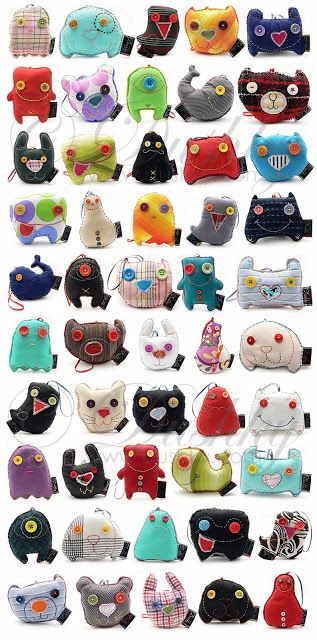 Eye candy in the form of monster plushies Cloth Buttons, Monster Pillows, Ugly Dolls, Monster Dolls, Fabric Toys, Cute Monsters, Sewing Toys, Sewing Projects For Beginners, Recycled Crafts