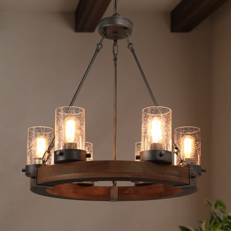 Carbon Loft Farmhouse 6-Light Wood Wagon Wheel Chandelier for Dining Room - Bed Bath & Beyond - 28386345 Loft Farmhouse, Wagon Wheel Light, Wooden Wagon Wheels, Wood Wagon, Bedroom Inspirations Minimalist, Shell Chandelier, Wooden Wagon, Wheel Chandelier, Wagon Wheel Chandelier