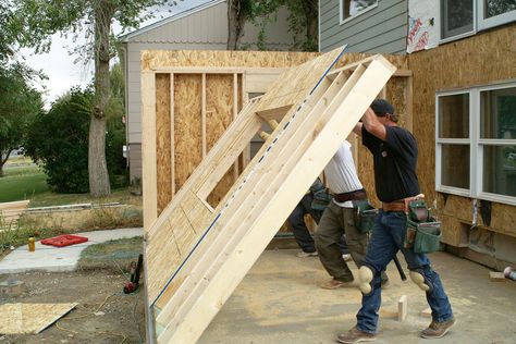 Home addition contractors raising built wall for room addition In Law Suites, Mother In Law Apartment, Home Renovation Loan, Home Addition Plans, Granny Pods, Inlaw Suite, Mother In Law Suite, Granny Pod, Add A Room