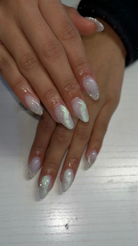 Milky White And Green Nails, Reflective Glitter Nails Design, Milky White Nails With Glitter, Reflective Glitter Nails, White And Silver Nails, Reflective Nails, White Glitter Nails, Glitter French Tips, White French Tip