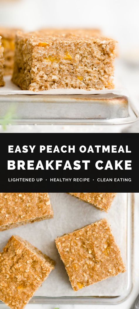 Healthy Peach Oatmeal Breakfast Cake – like eating peach pie for breakfast! SO moist, EASY to make & full of juicy peaches! This healthy oatmeal cake is perfect for snacking too. We LOVE it!! (clean eating, low calorie & great gluten free options too!) Easy homemade peach cake recipe with fresh or canned peaches. Low calorie peach breakfast cake. Clean eating oatmeal cake. Simple DIY snack cake. Healthy Peach Oatmeal, Healthy Oatmeal Cake, Oatmeal Breakfast Cake, Breakfast Cake Healthy, Peach Breakfast, Peach Cake Recipe, Clean Eating Oatmeal, Healthy Peach Recipes, Peach Healthy