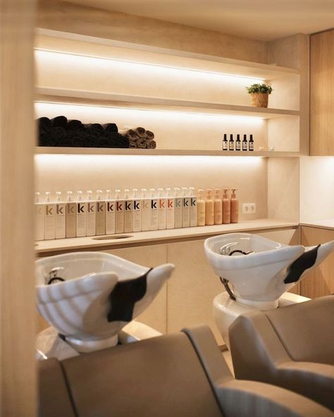 Hair Salon Backwash Area, Curtains In Hair Salon, Salon Backwash Area, Lux Hair Salon, Back Wash Area Salon, Luxury Salon Aesthetic, Processing Area Salon, Upscale Hair Salon, Salon Backbar Ideas Shampoos