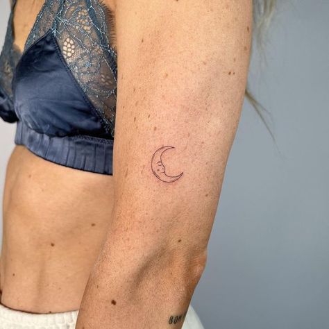 Lil Moon Tattoo, Girly Moon Tattoos, Moon Tattoo Inner Arm, Moon Beam Tattoo, Crescent Moon Tattoo With Face, Moon Related Tattoos, Delicate Moon Tattoo, Stay Wild Moon Child Tattoo, Small Moon Tattoo Designs