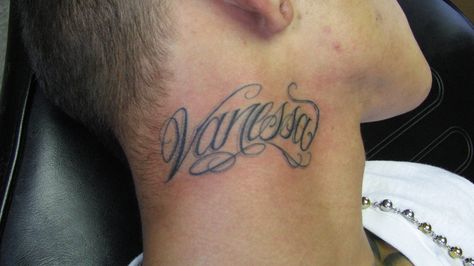 Tattoo of Vanessa | Tattoo on neck that reads Vanessa in cur ... Name Tattoos On Neck, Name Tattoo On Hand, Tattoo On Neck, Side Neck Tattoo, Cursive Tattoos, Half Sleeve Tattoos For Guys, Dope Tattoos For Women, Name Tattoo Designs, Name Tattoo