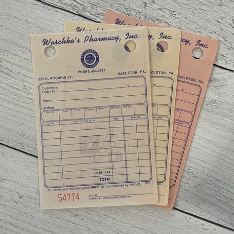 Vintage Waschko's Pharmacy Triplicate Receipts. These were for use in a Autographic Register and are continuous feed and perforated. Measures 4x6, individually numbered and triplicates are in Cream, Yellow and Pink. Set of 5 triplicates (15 sheets!) All my vintage can be found on Instagram FIRST! The best deals, newest finds and all the fun! Just look for @PaperHarborCo Vintage Pharmacy Aesthetic, Starrett Tools, Vintage Receipt, Vintage Pharmacy, Pharmacy Design, Travel Pictures Poses, Pink Set, Cream Yellow, Yellow And Pink