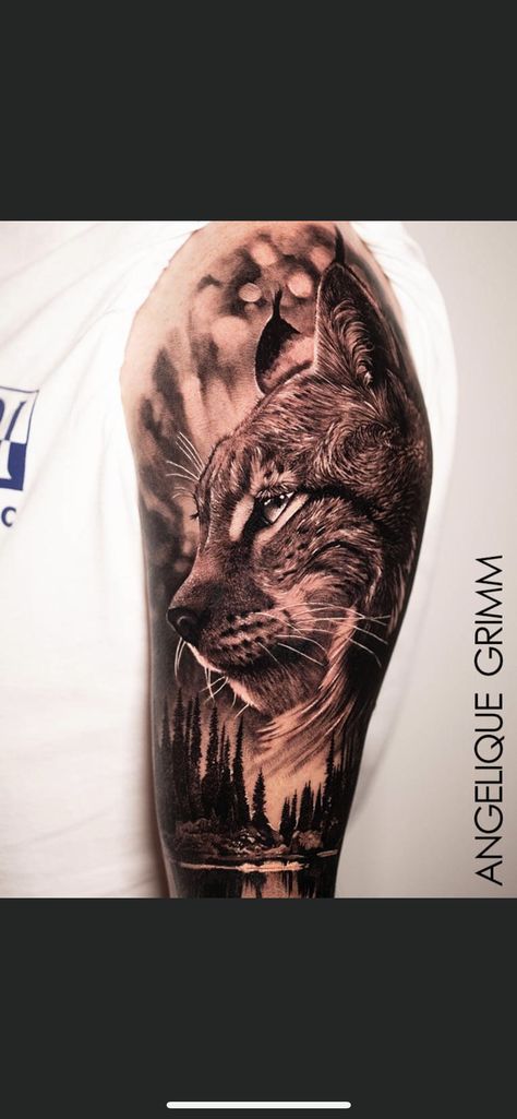 Sleeve Tattoos For Women Unique, Lynx Tattoo, Unique Tattoo Ideas For Men, Unique Animal Tattoos, Tattoos For Women Unique, Animal Tattoos For Men, Animal Tattoos For Women, Black Panther Tattoo, Unique Half Sleeve Tattoos