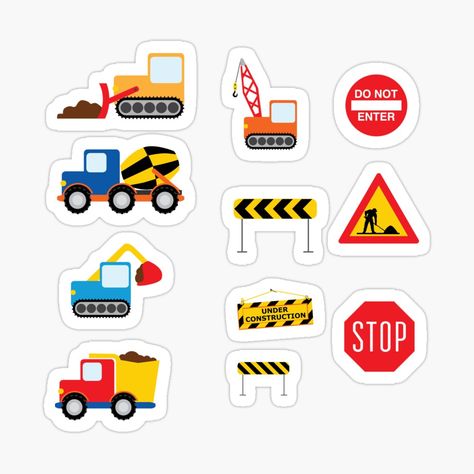 Building and Construction Vehicles stickers and magnets Construction Stickers, Construction Vehicles Printables, Preschool Construction, Cake Smash Theme, Mermaid Cake Topper, Transportation Preschool, Truck Stickers, Cars Party, Construction Theme