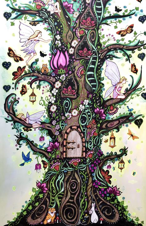 Whimsical Tree Painting, Whimsical Art Paintings Fairies, Forget Me Not Fairy, Whimsical Tree, Tree Fairy, Tree Story, Elf Tree, Tree Quilts, Fairy Tea Parties